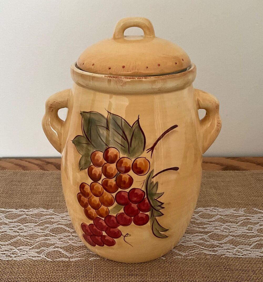 Ceramic Tuscan Yellow Wine Grapes Cookie Jar Hand Painted Country Motif